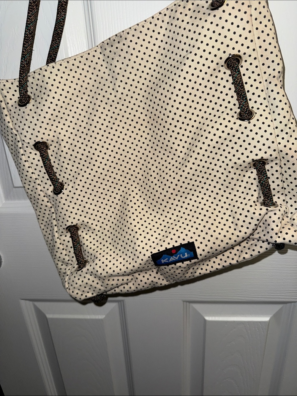 Kavu Cream Tote with Black Polka Dots and Rope Straps